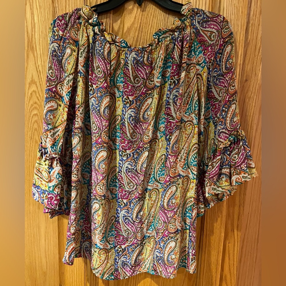 Tolani Silk Ruffled Split V-Neck w/ Ties & 3/4 Flutter Sleeves Paisley Blouse XS - Picture 7 of 11